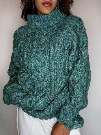 Pull à col roulé tricoté teinte de bleu XL vintage