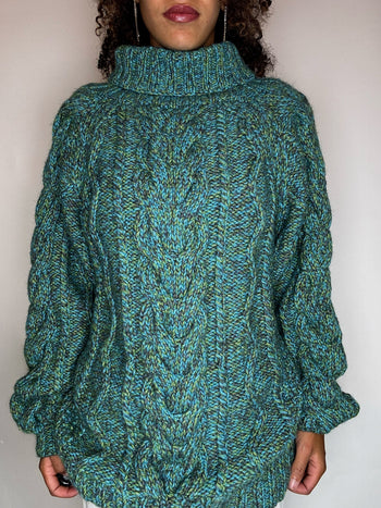 Pull à col roulé tricoté teinte de bleu XL vintage