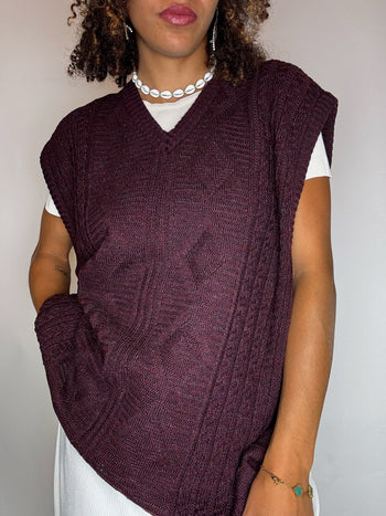 Gilet en maille tressée bordeaux XL vintage
