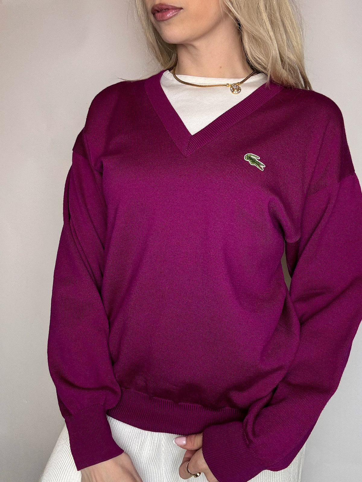 Pull en laine vierge framboise LACOSTE S vintage