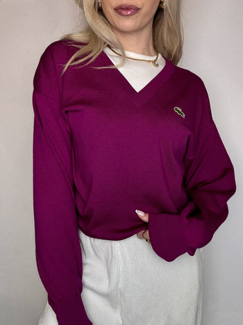 Pull en laine vierge framboise LACOSTE S vintage