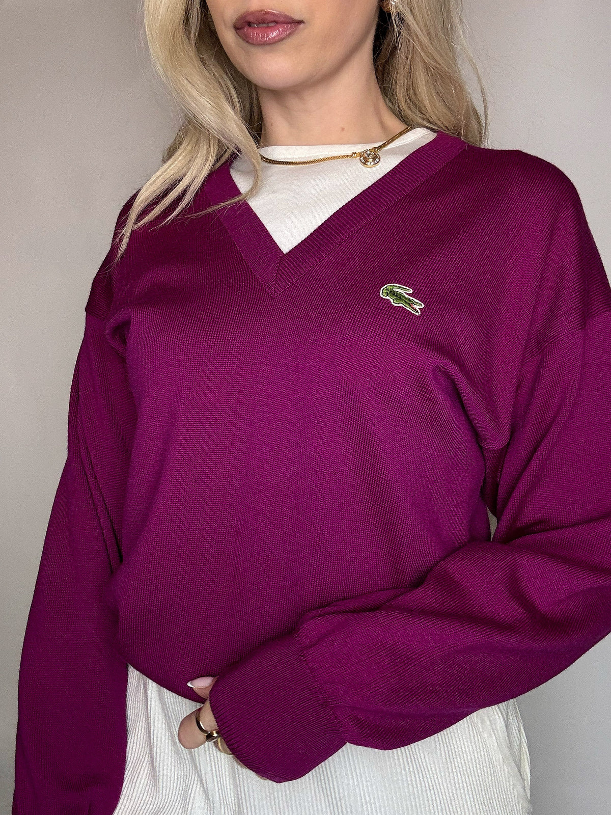 Pull en laine vierge framboise LACOSTE S vintage