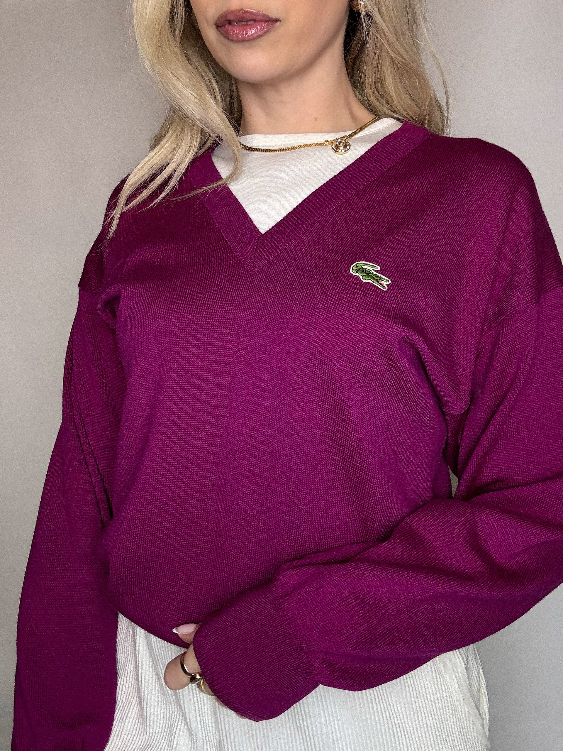 Pull en laine vierge framboise LACOSTE S vintage
