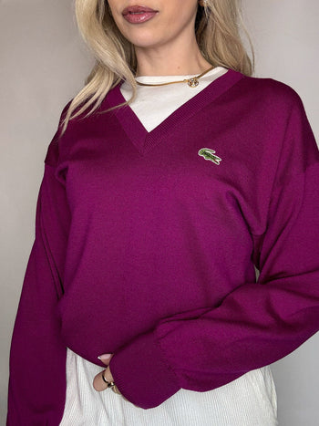 Pull en laine vierge framboise LACOSTE S vintage