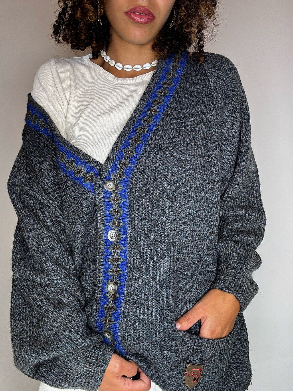 Vintage grauer Wollcardigan, Größe L/XL