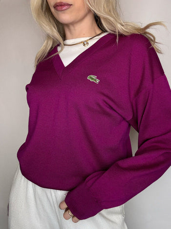 Pull en laine vierge framboise LACOSTE S vintage