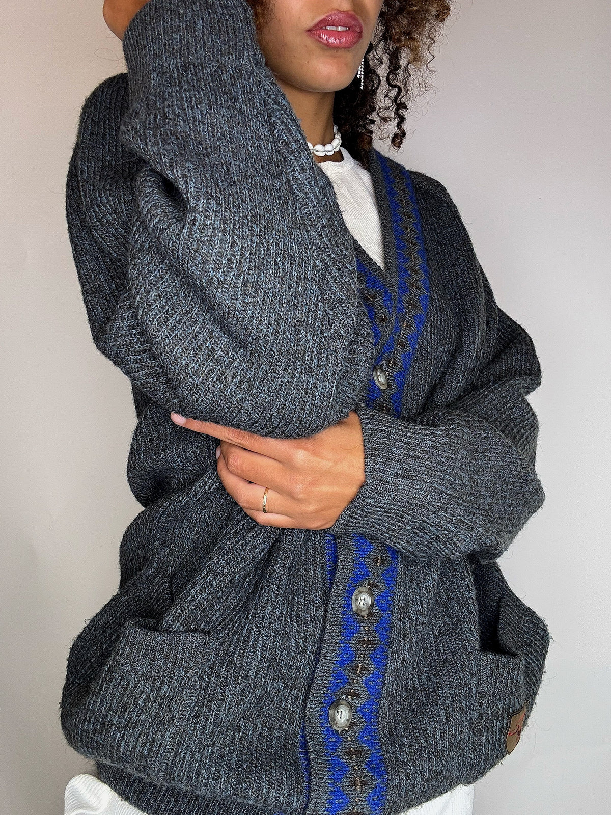 Vintage grauer Wollcardigan, Größe L/XL