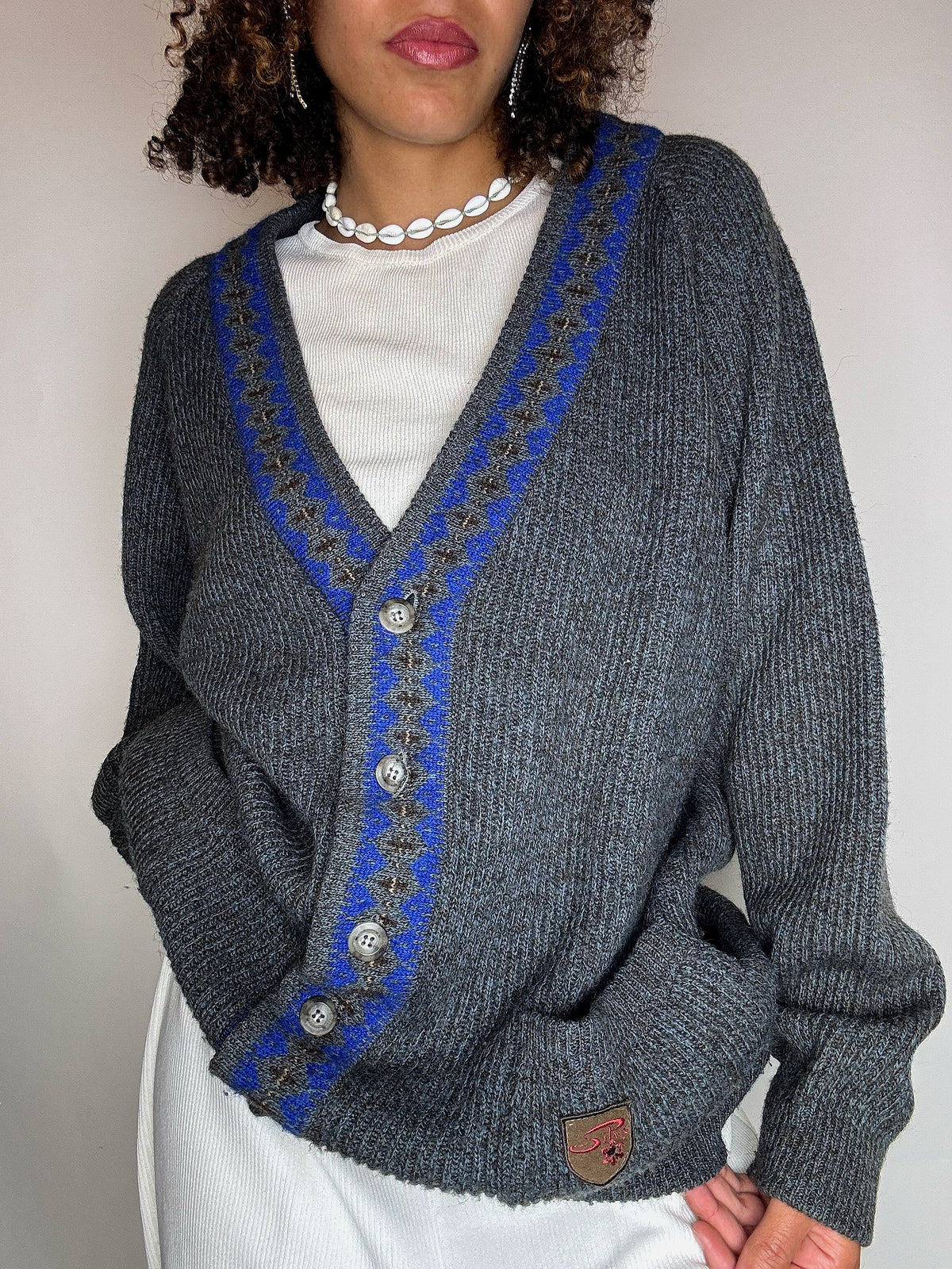 Vintage grauer Wollcardigan, Größe L/XL