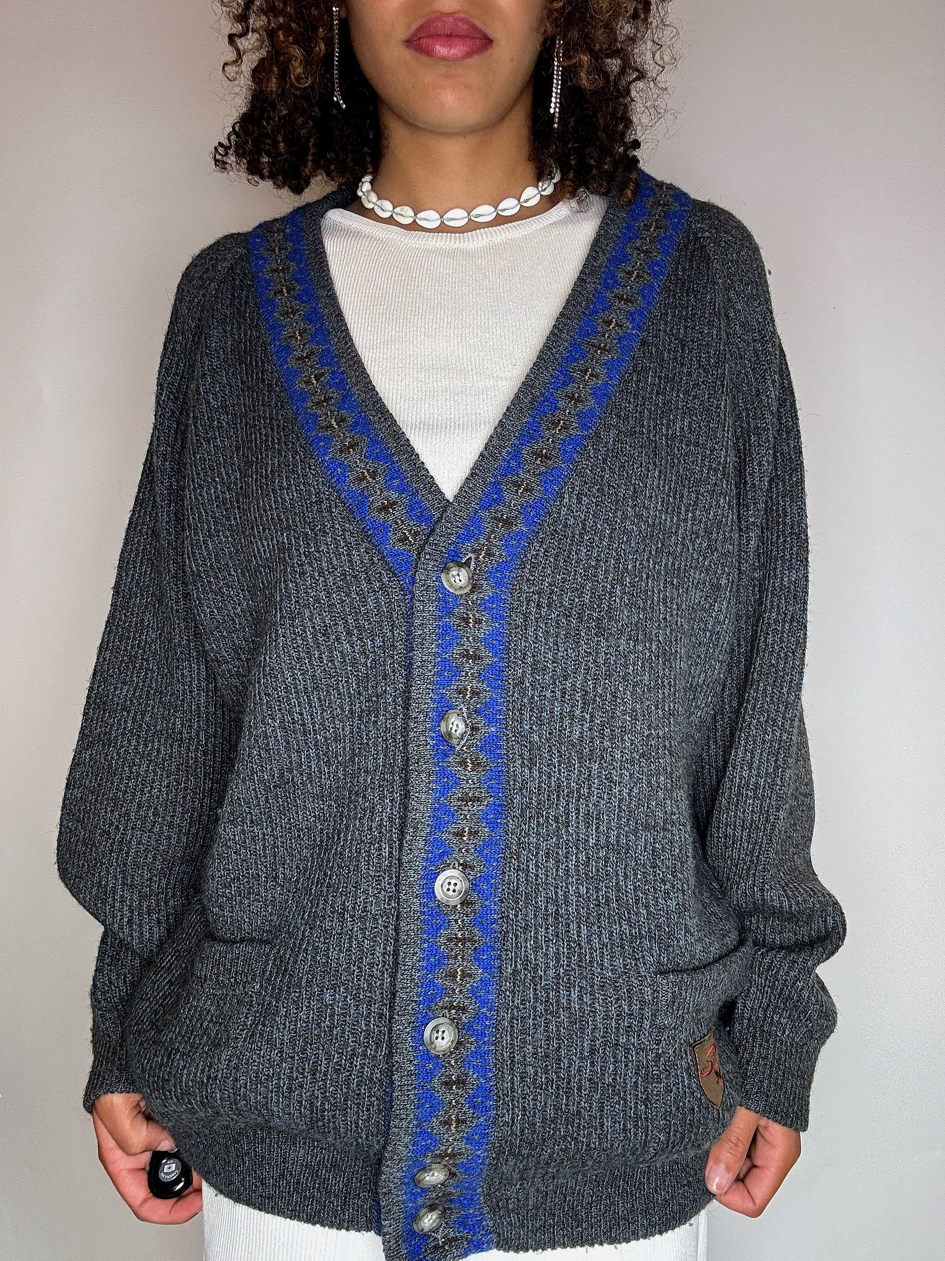 Vintage grauer Wollcardigan, Größe L/XL