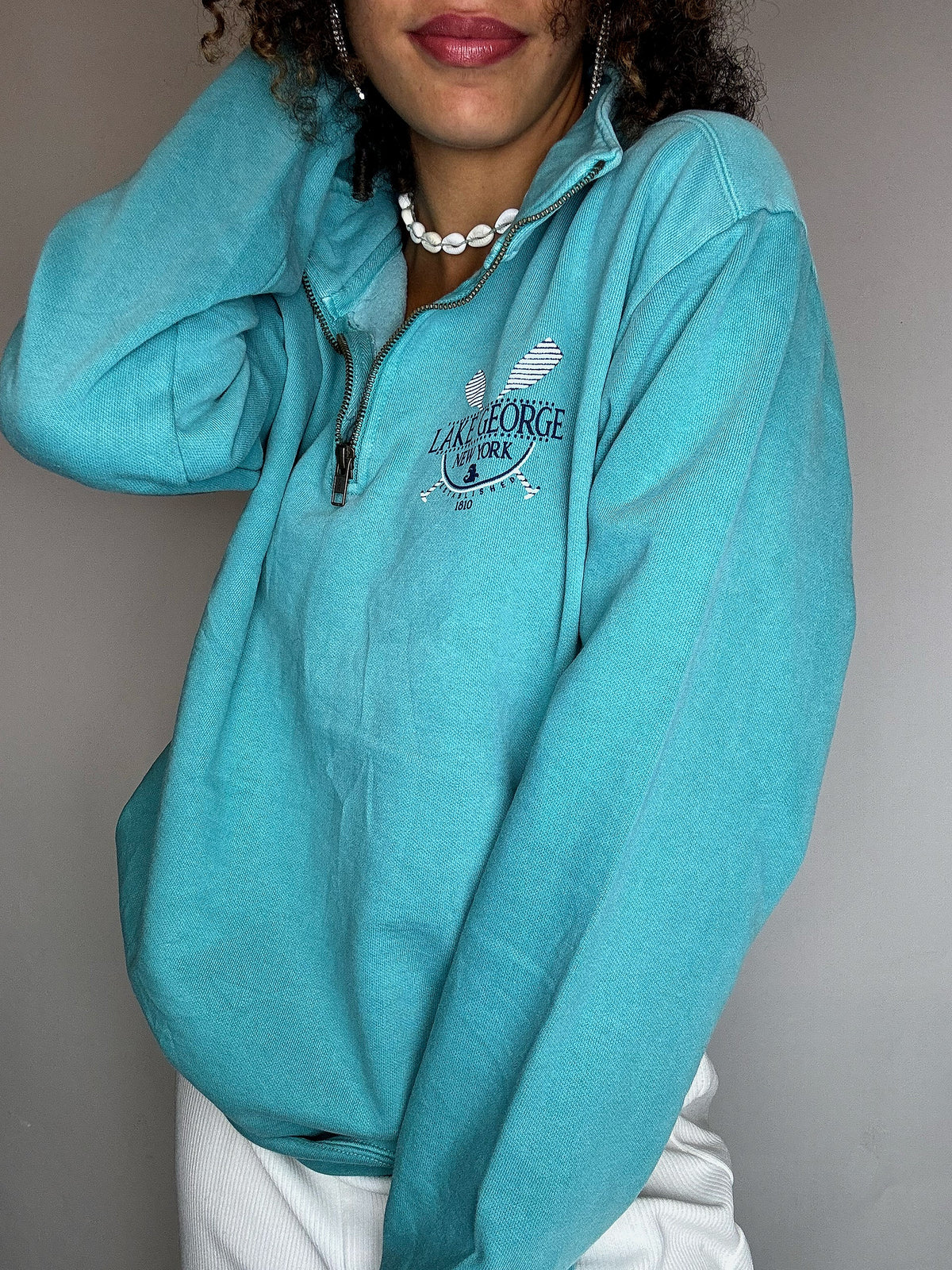 Vintage-Sweatshirt mit Rollkragen in Türkis, Größe S