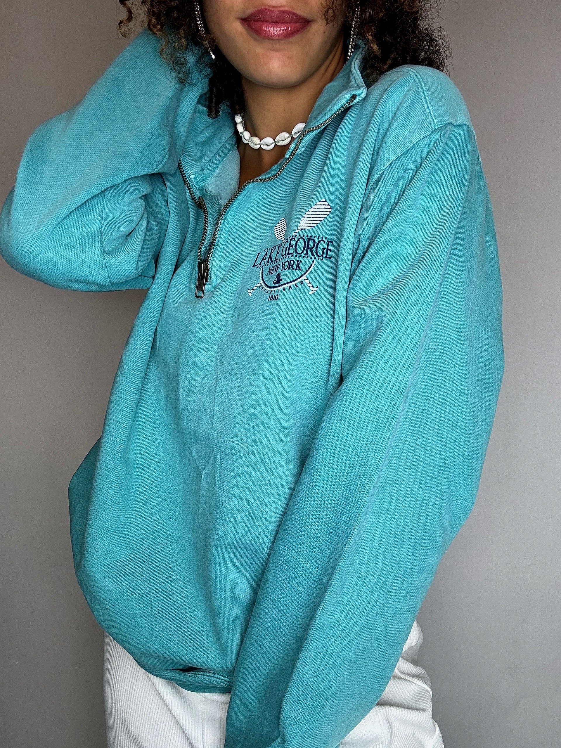 Vintage-Sweatshirt mit Rollkragen in Türkis, Größe S