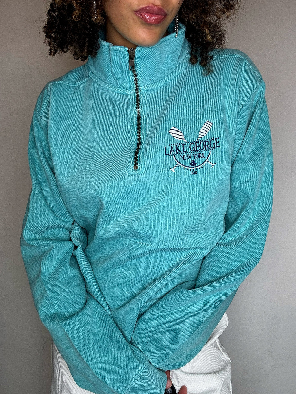 Vintage-Sweatshirt mit Rollkragen in Türkis, Größe S
