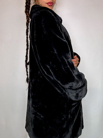 Manteau en fausse fourrure gris foncé à zip M/L vintage