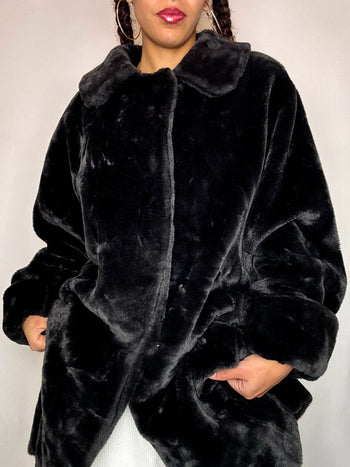 Manteau en fausse fourrure gris foncé à zip M/L vintage