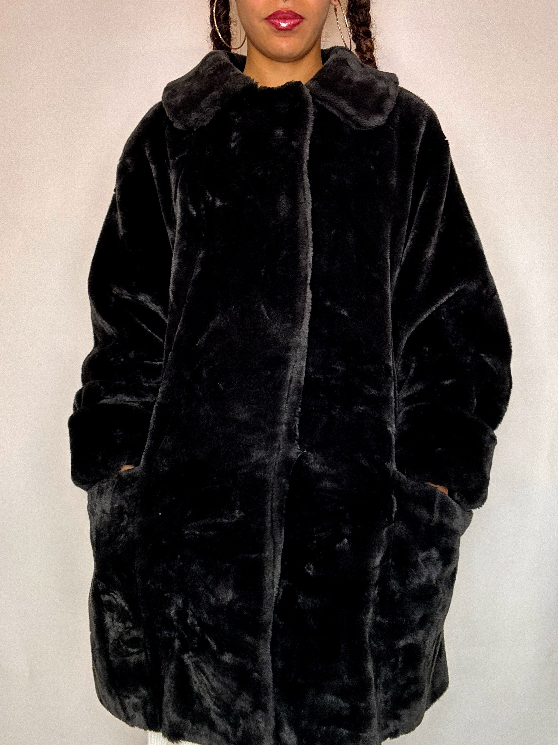 Vintage-Mantel aus dunkelgrauem Kunstpelz mit Reißverschluss, Größe M/L