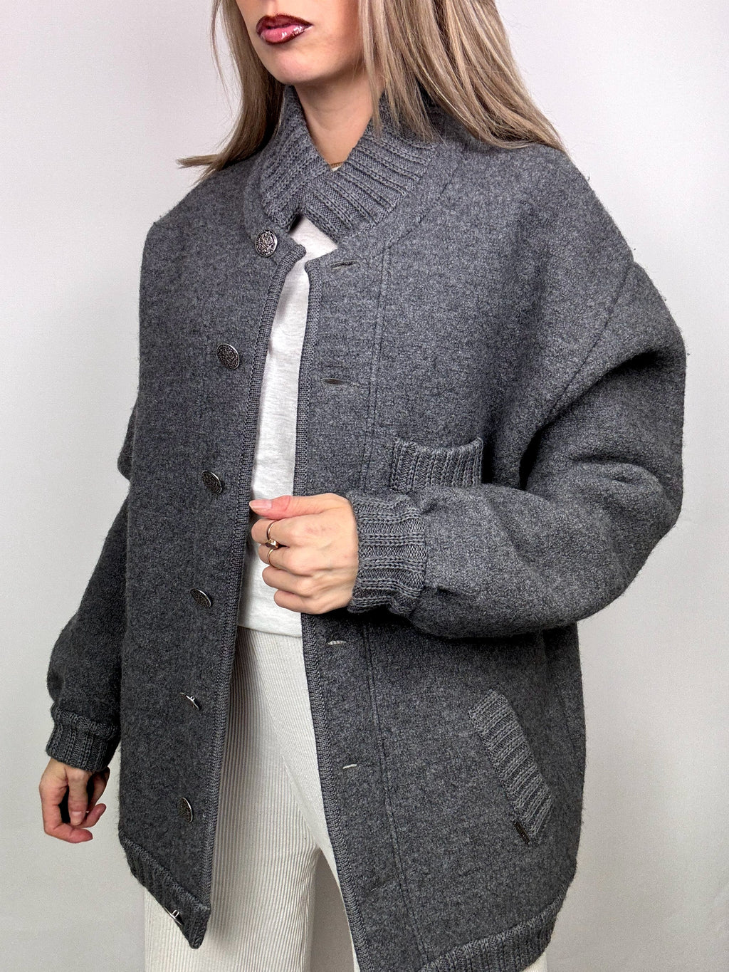 Vintage XL gray wool bomber jacket