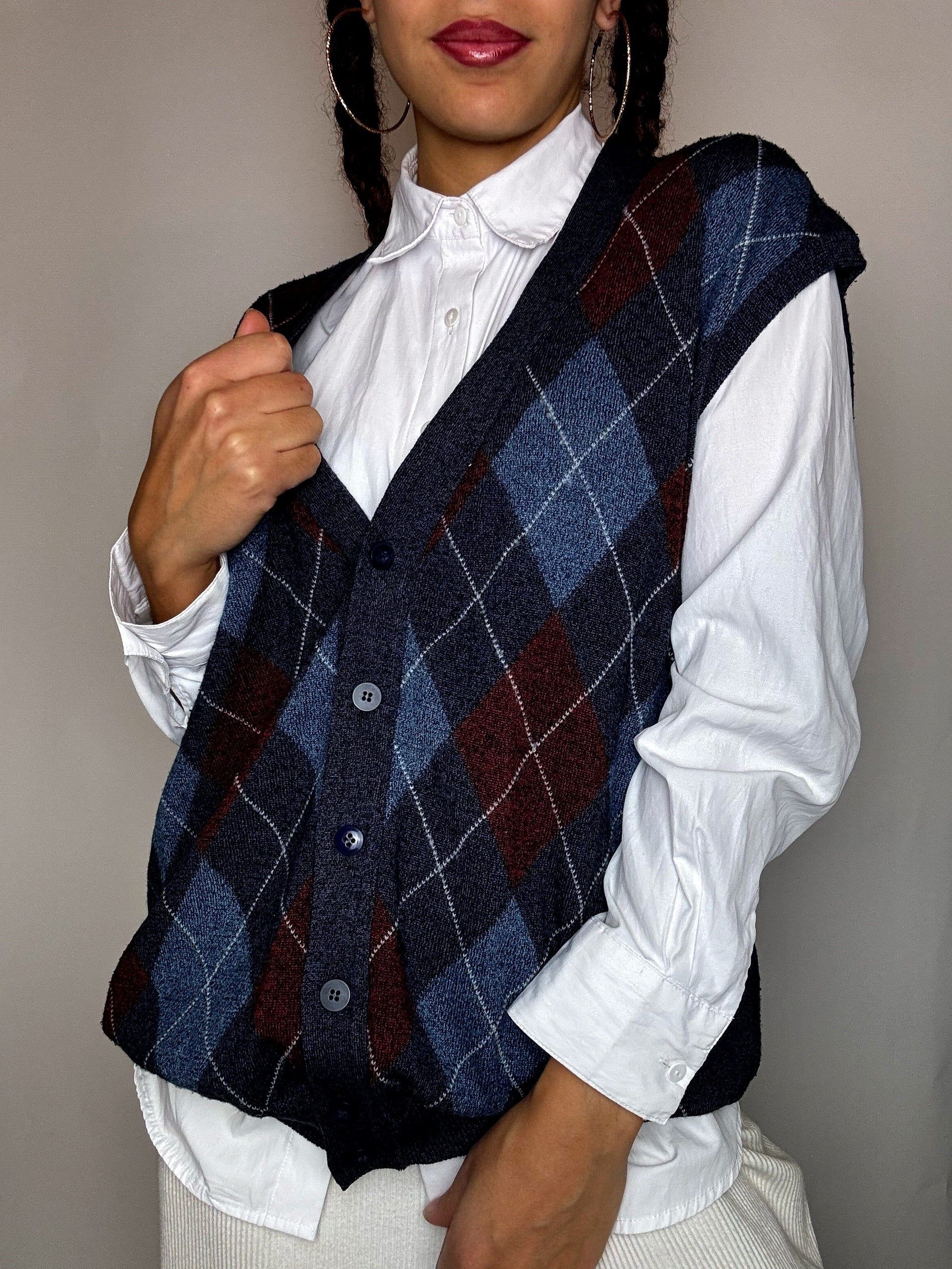Gilet à bouton motif argyle M vintage