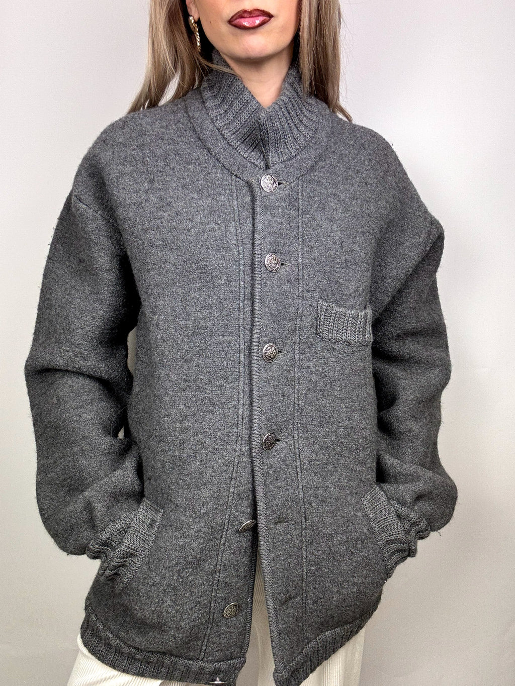 Vintage XL gray wool bomber jacket