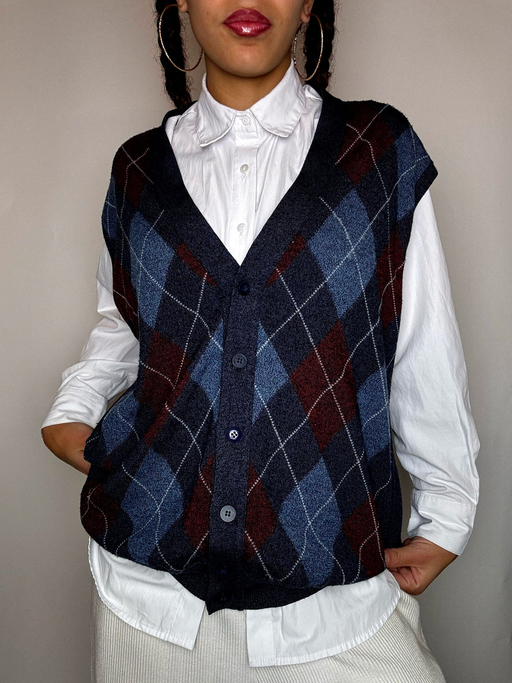 Gilet à bouton motif argyle M vintage