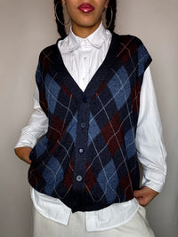 Gilet à bouton motif argyle M vintage