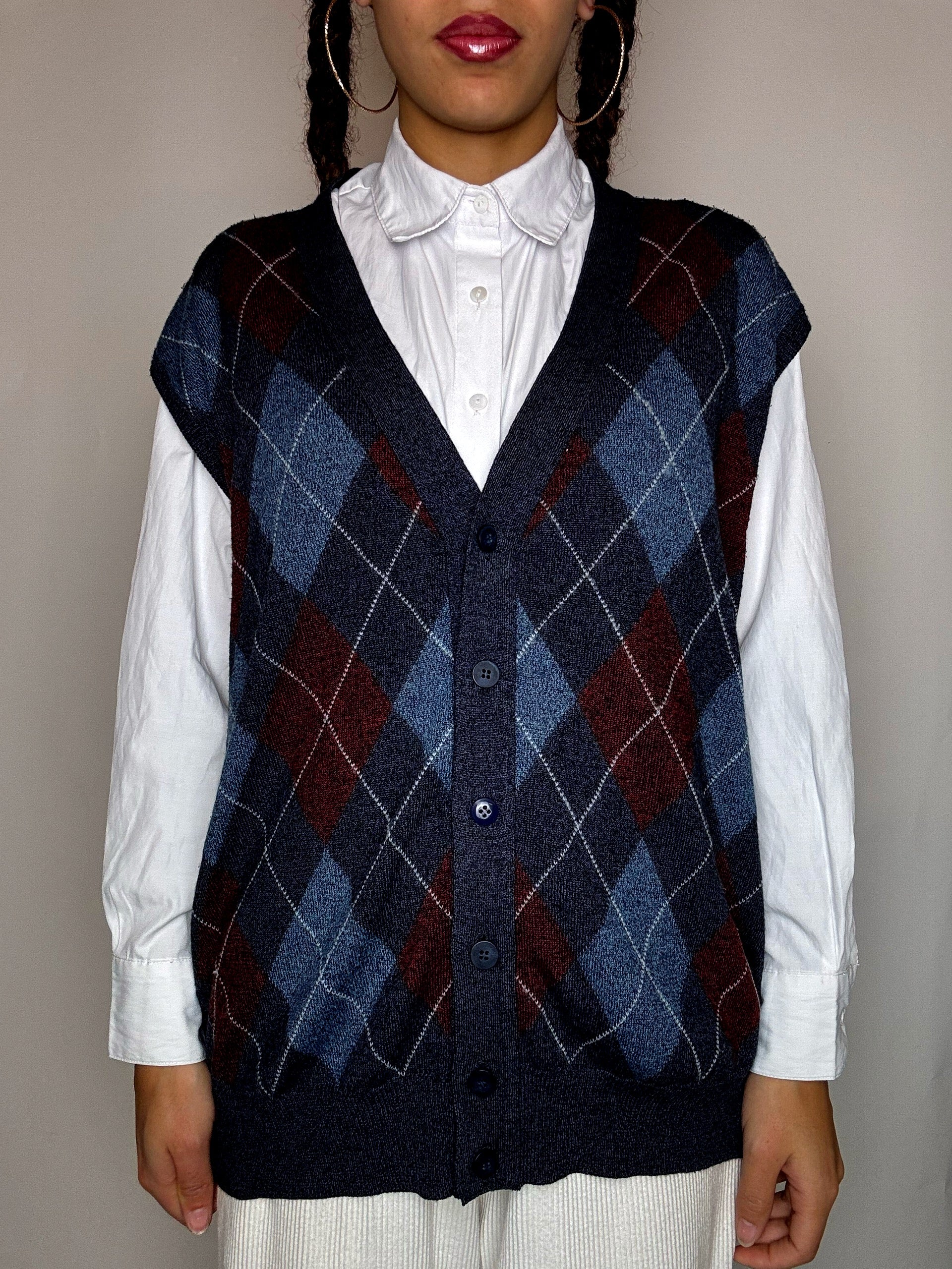 Gilet à bouton motif argyle M vintage