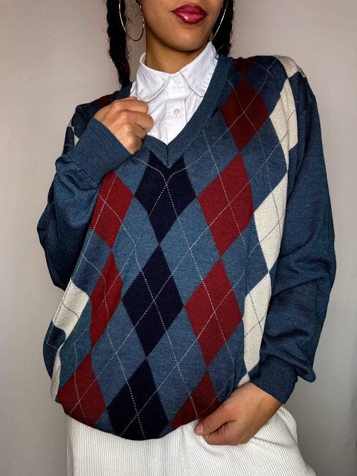 Pull col V motif argyle vert XL vintage