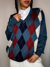 Pull col V motif argyle vert XL vintage