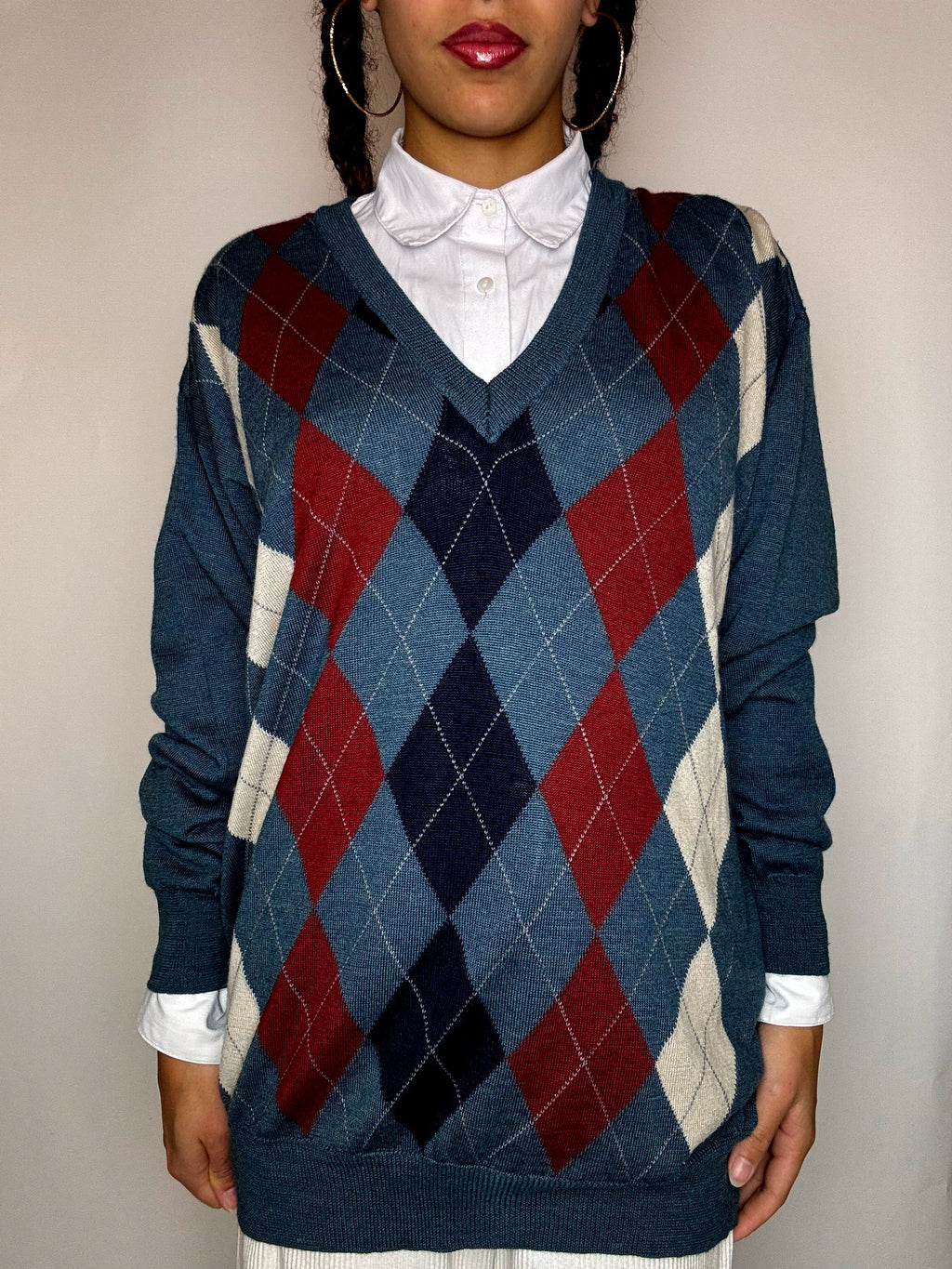Pull col V motif argyle vert XL vintage