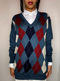 Pull col V motif argyle vert XL vintage
