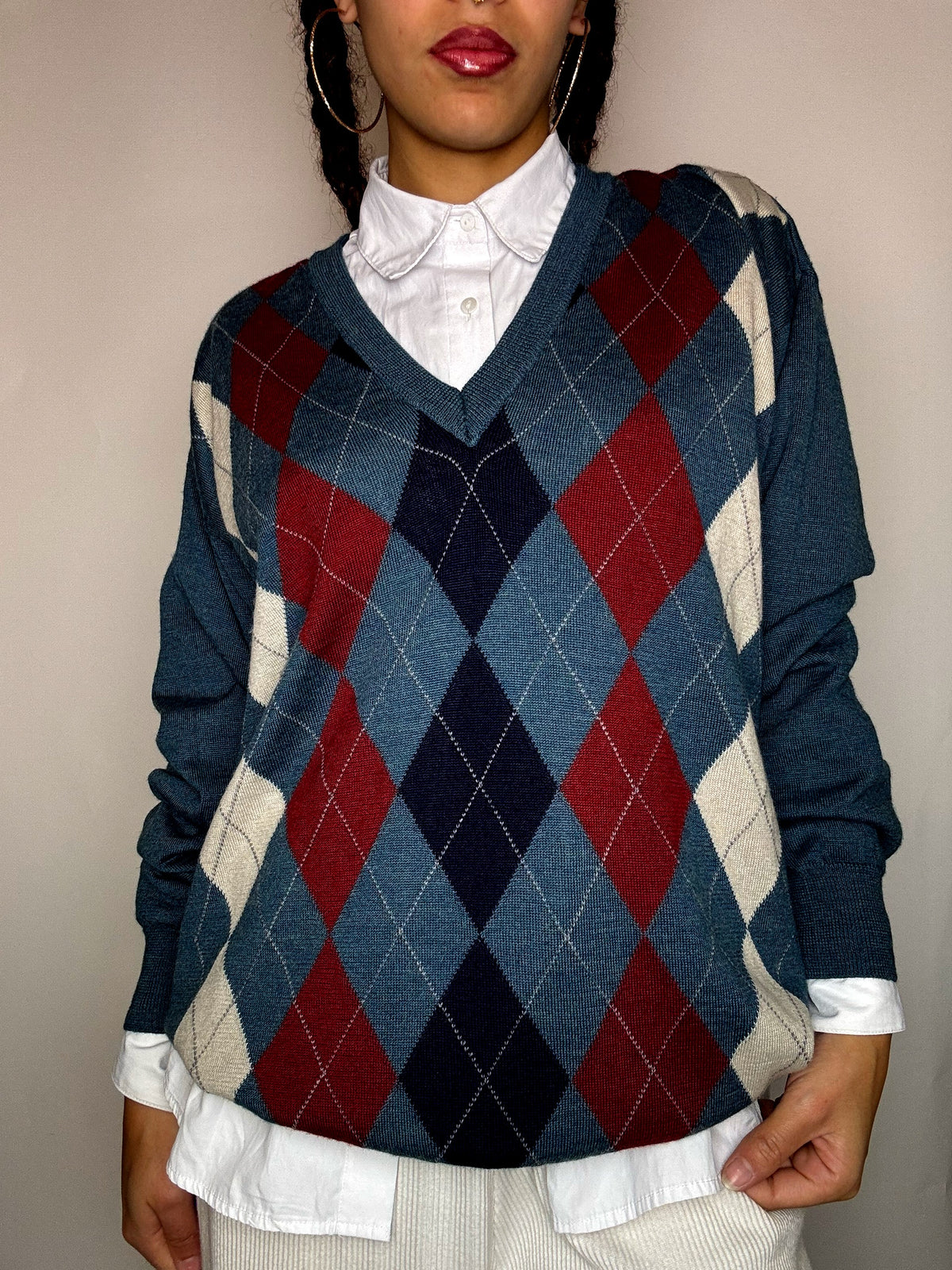 Pull col V motif argyle vert XL vintage