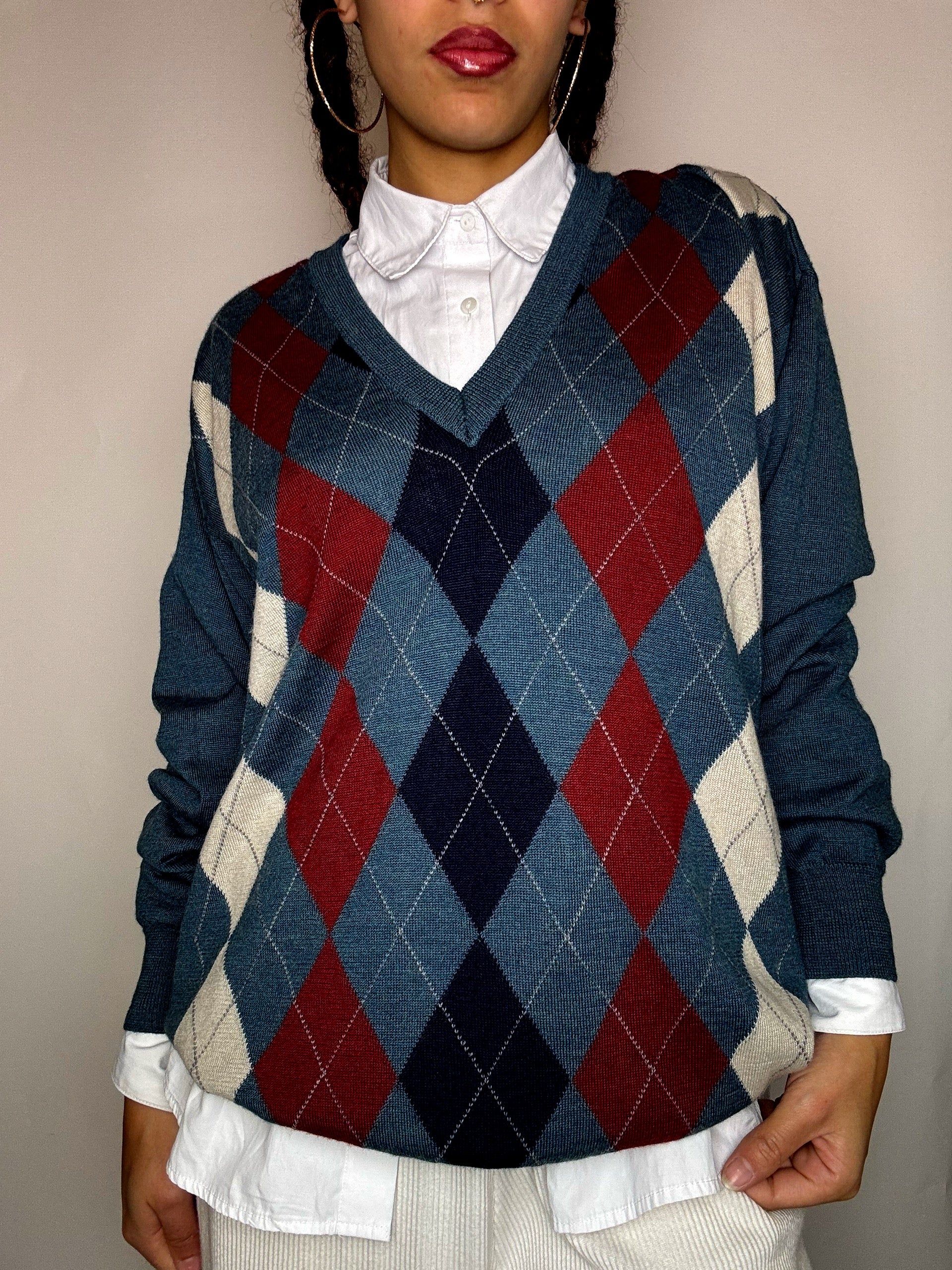 Pull col V motif argyle vert XL vintage