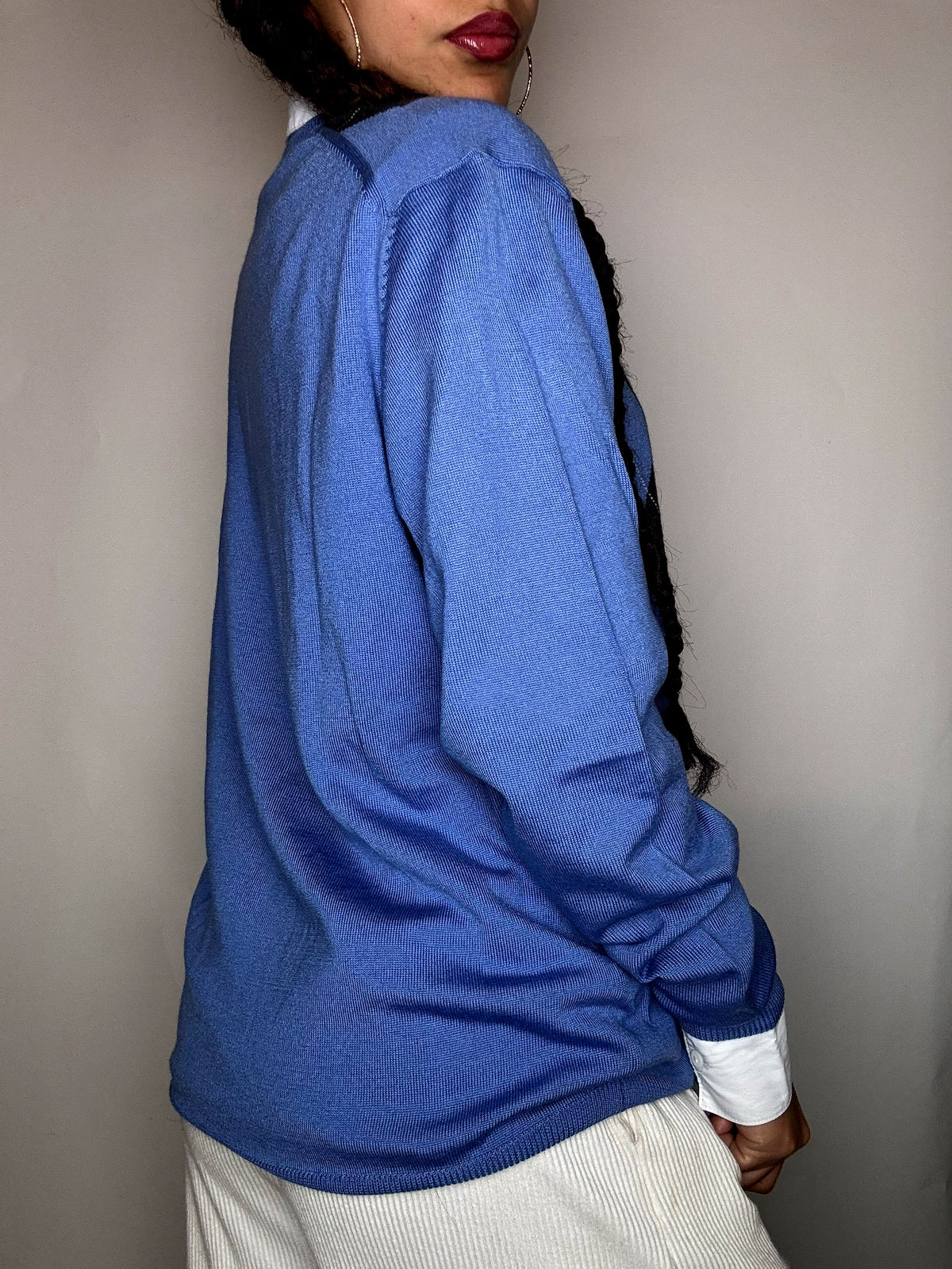Pull col V motif argyle bleu XL vintage