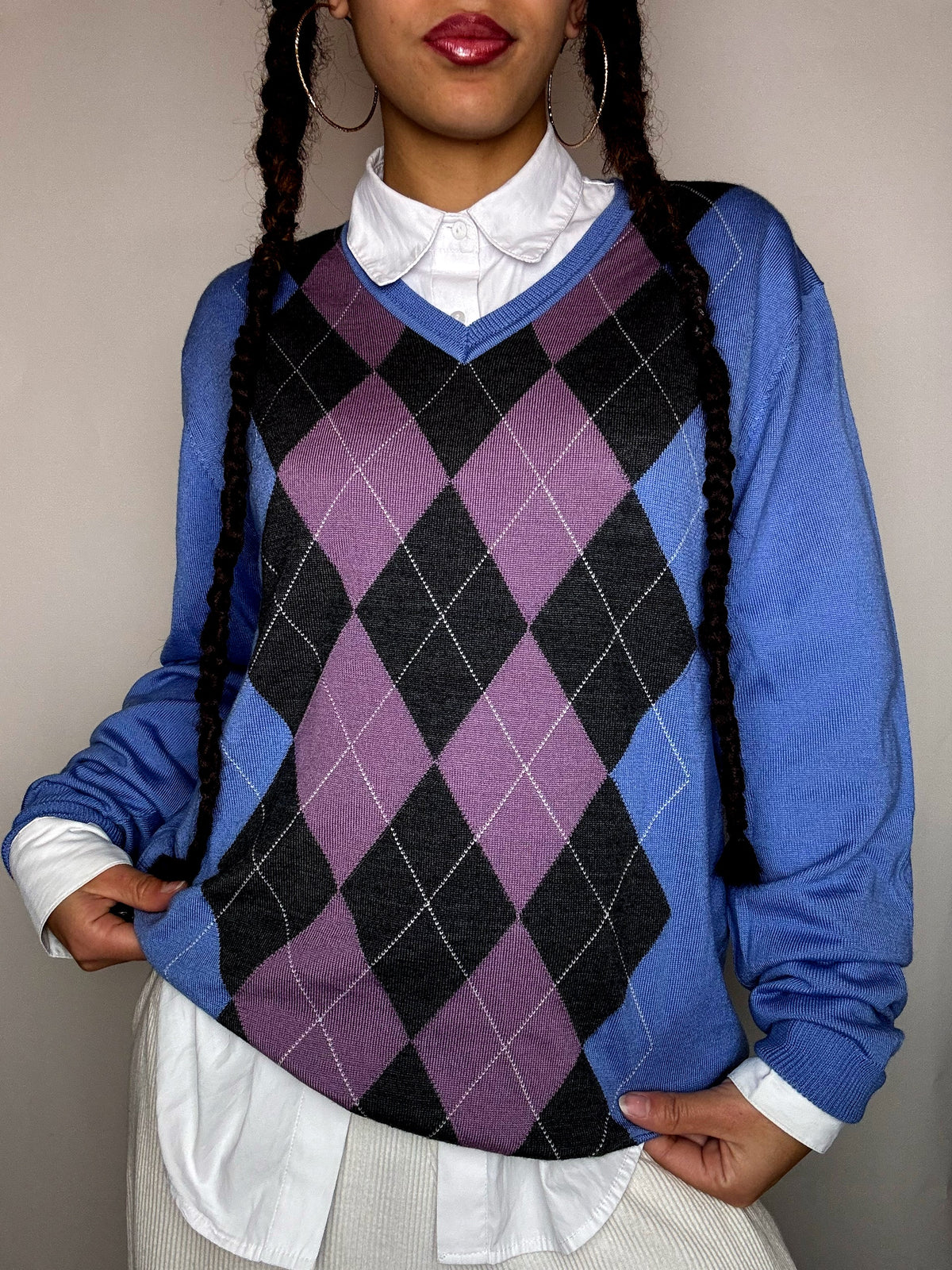 Pull col V motif argyle bleu XL vintage