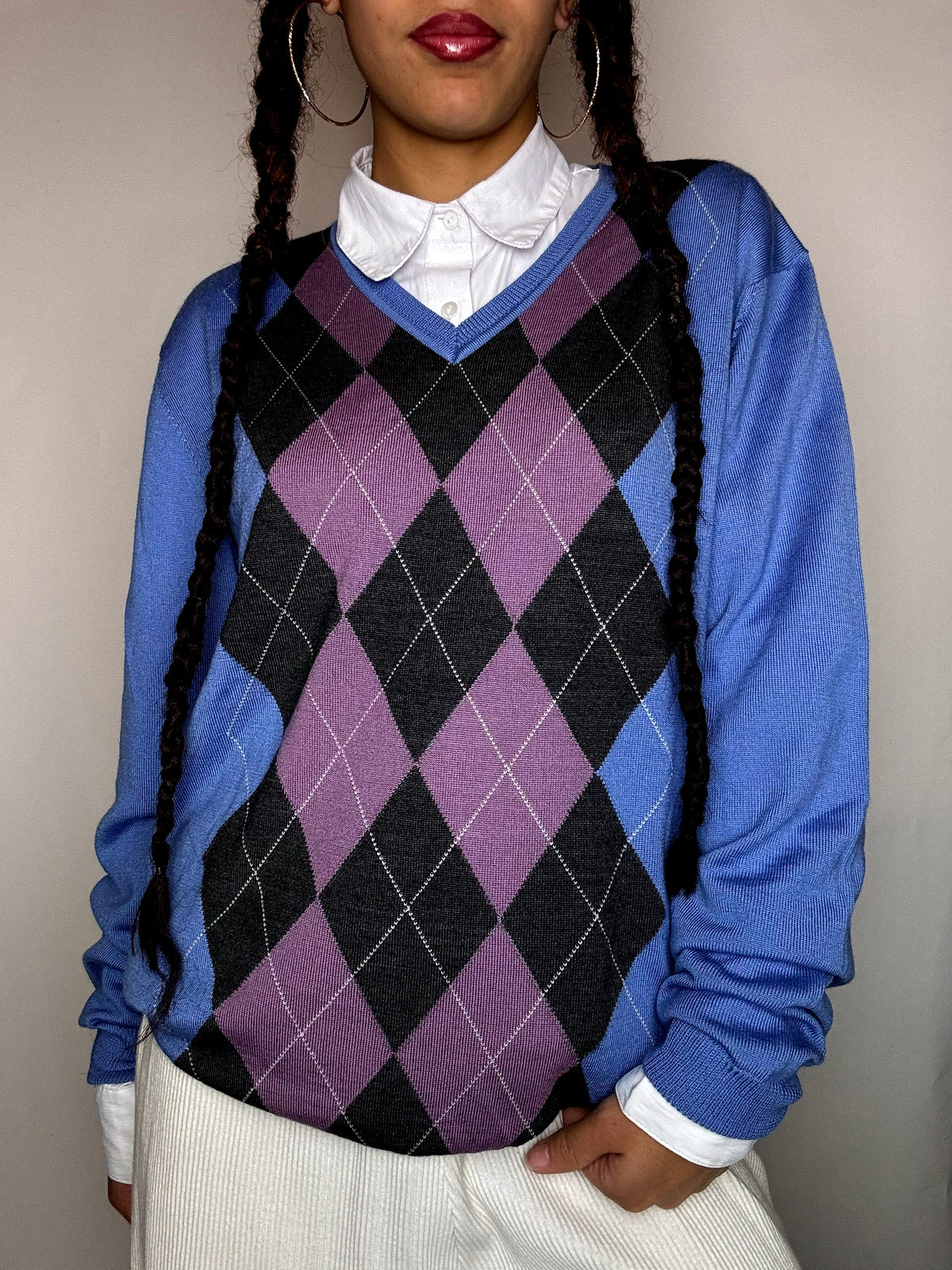 Pull col V motif argyle bleu XL vintage