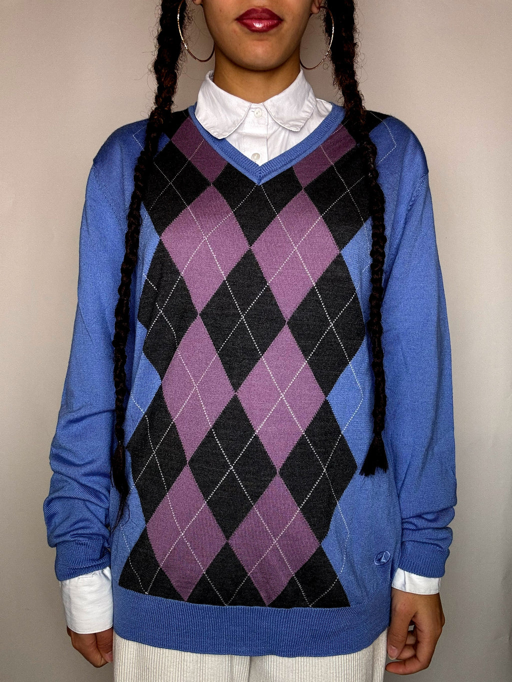 Pull col V motif argyle bleu XL vintage