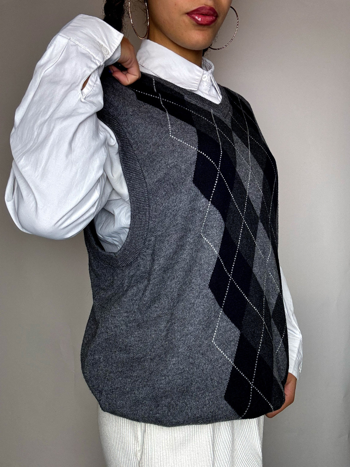 Gilet vol V motif argyle gris L/XL vintage