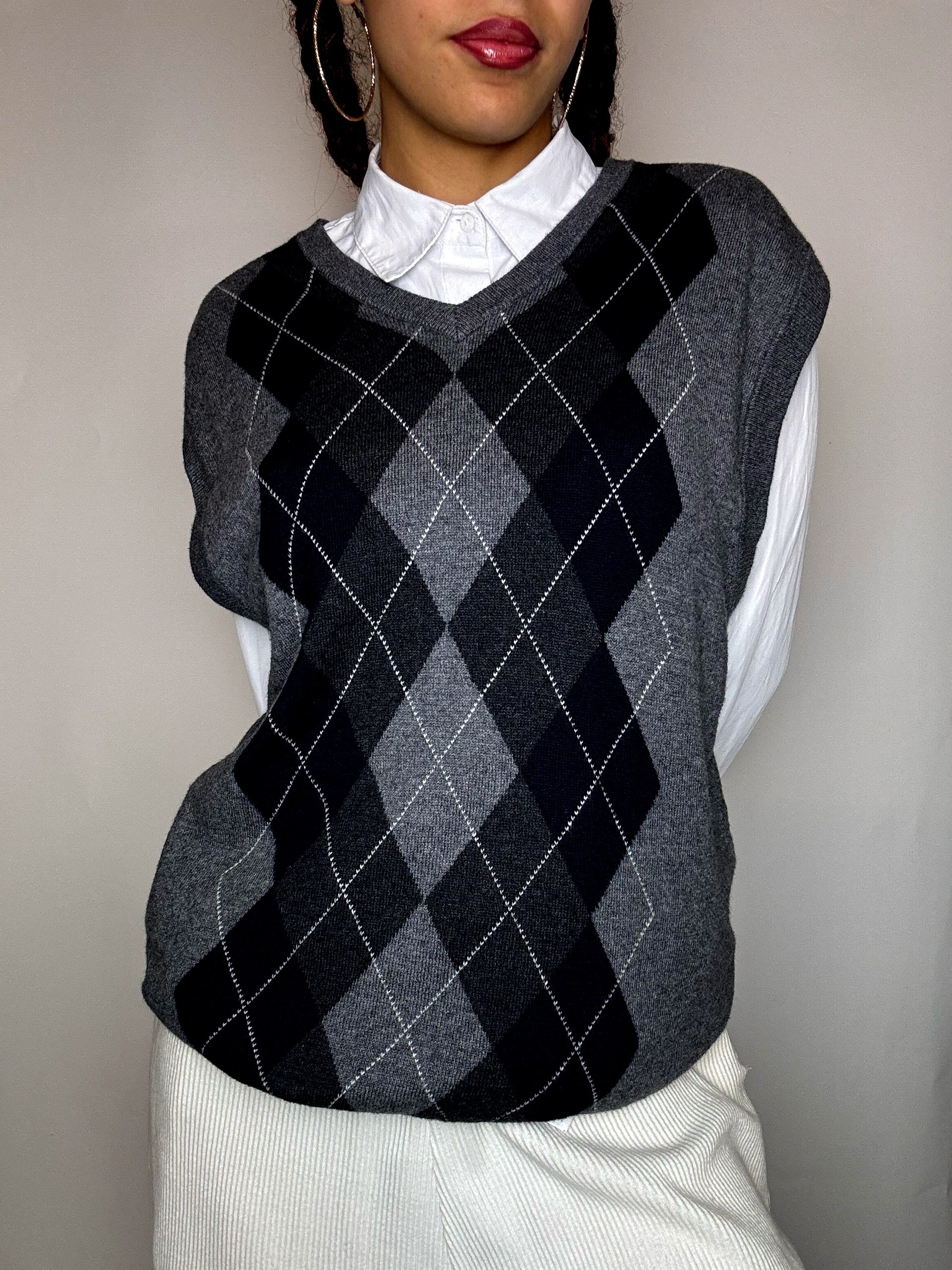 Gilet vol V motif argyle gris L/XL vintage