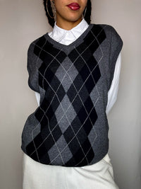 Vintage-Fliegerweste mit Argyle-Muster, Grau, Größe L/XL