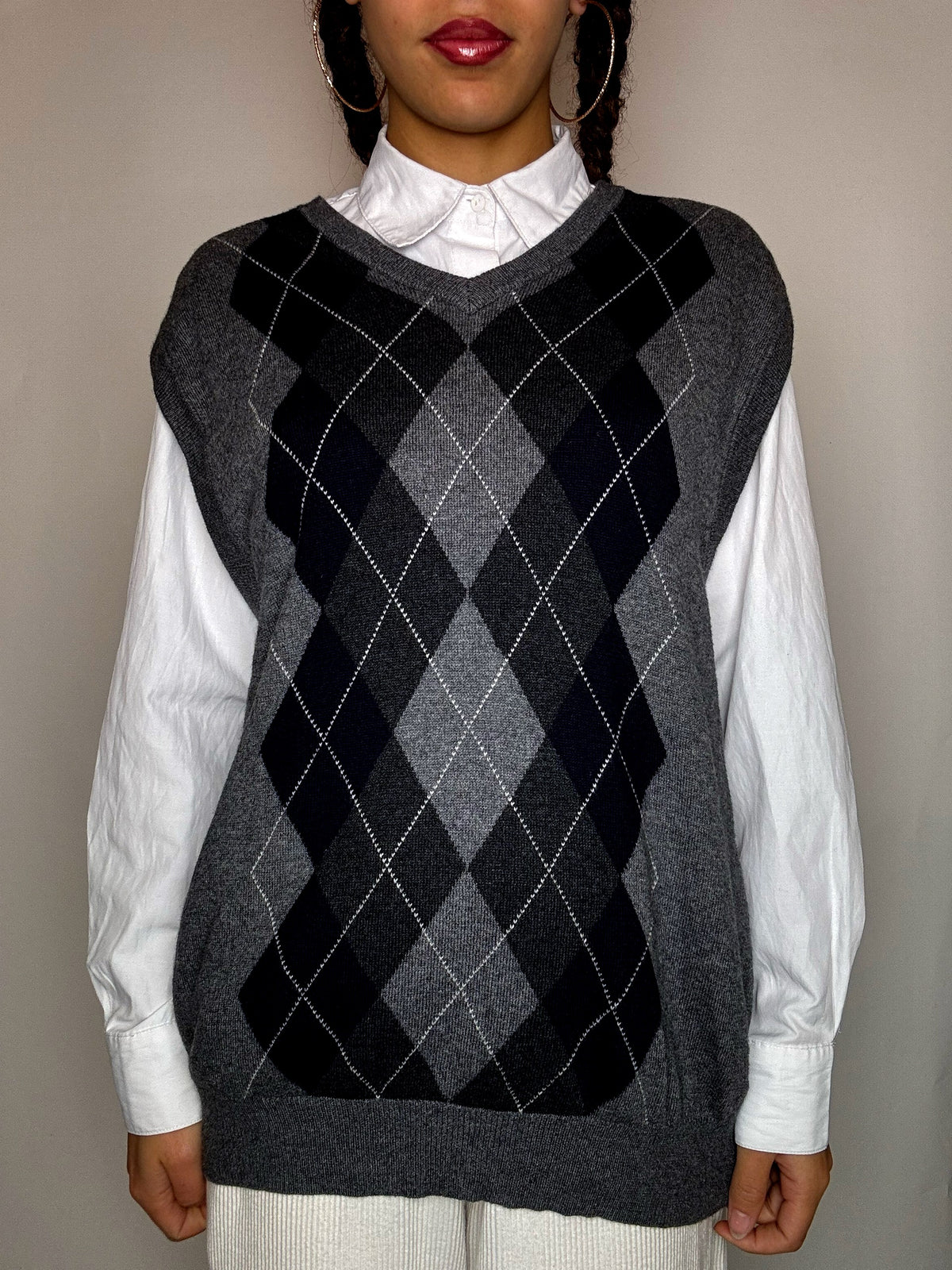 Gilet vol V motif argyle gris L/XL vintage