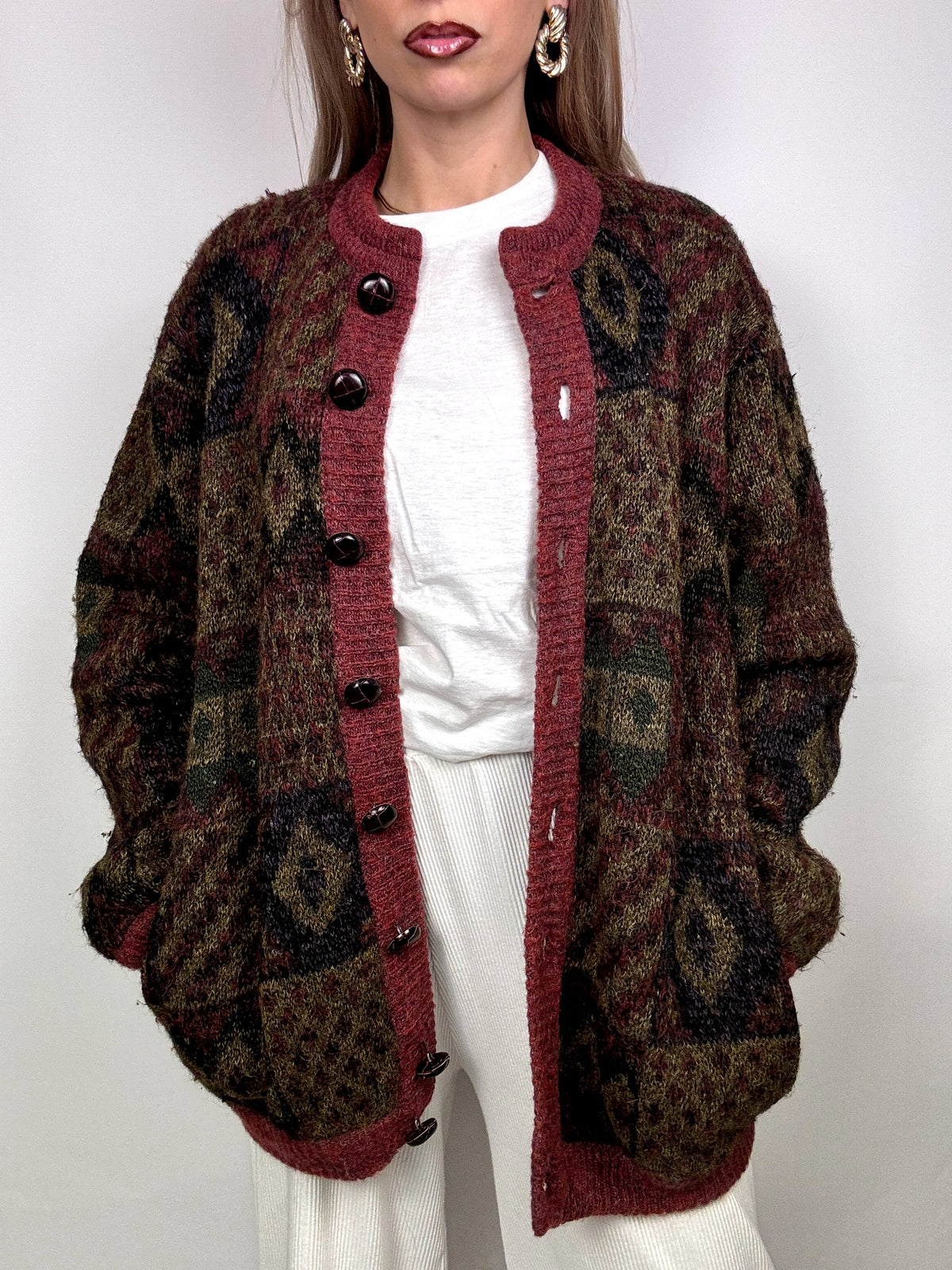 Vintage XL patterned burgundy wool bomber jacket