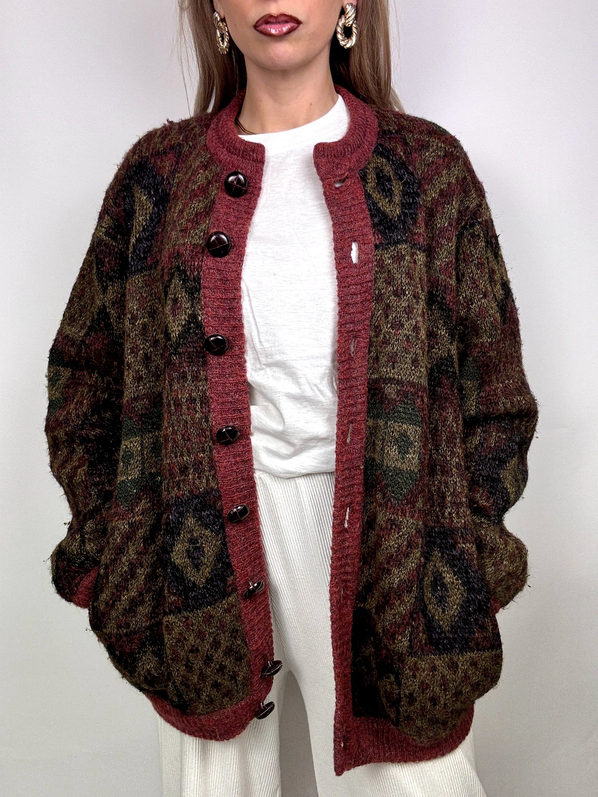 Vintage XL patterned burgundy wool bomber jacket