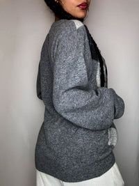 Pull col rond carreaux gris  L vintage