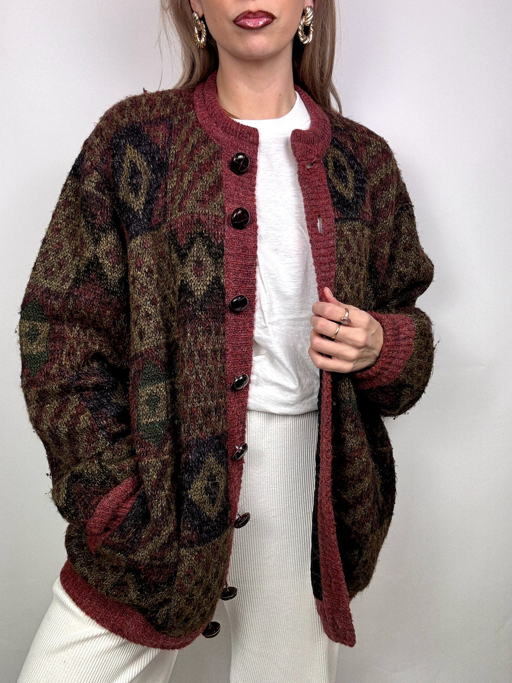 Vintage XL patterned burgundy wool bomber jacket