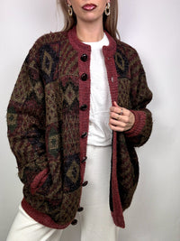 Vintage XL patterned burgundy wool bomber jacket