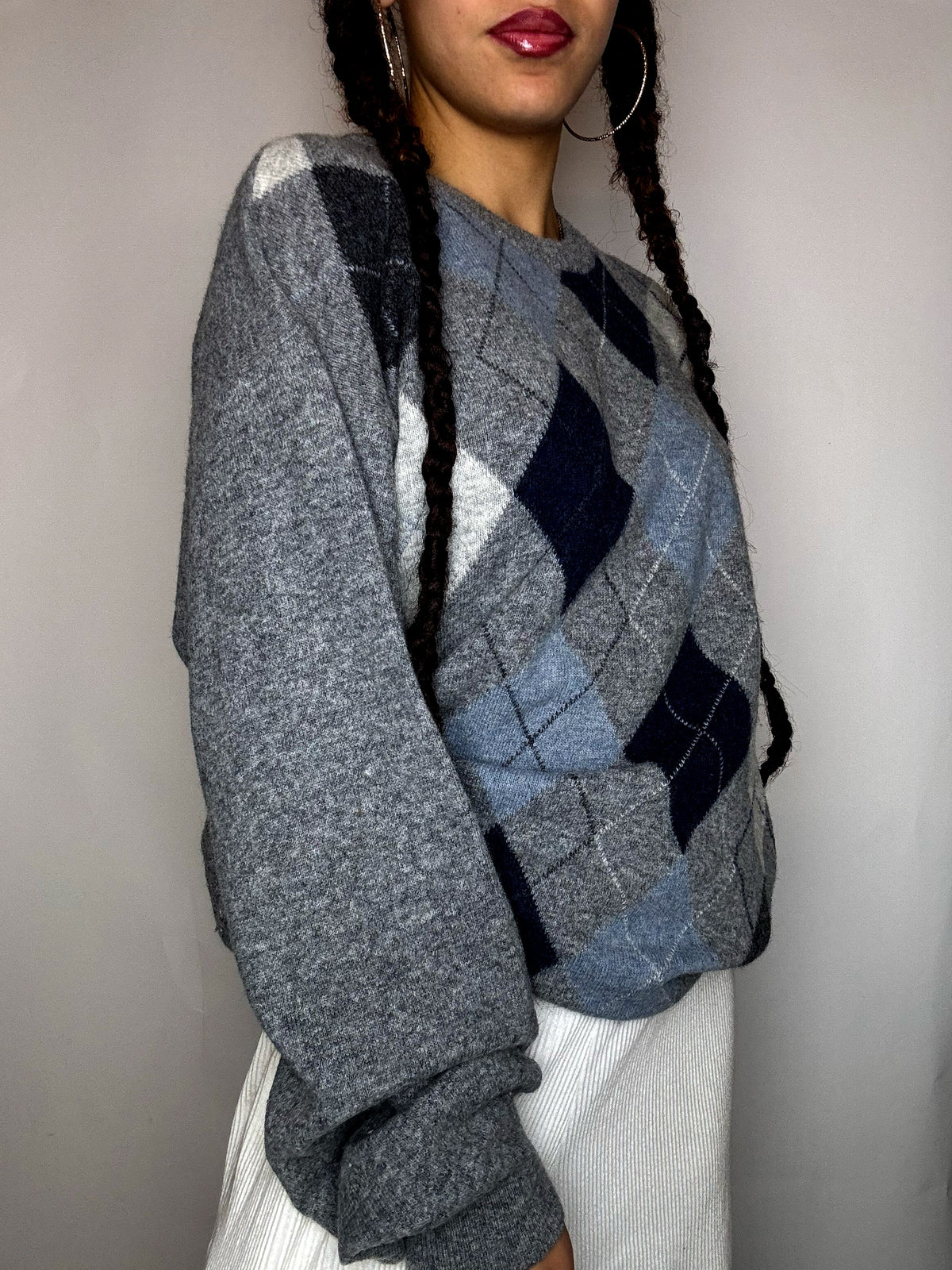 Pull col rond carreaux gris  L vintage