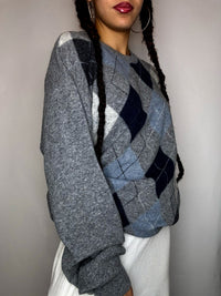 Pull col rond carreaux gris  L vintage