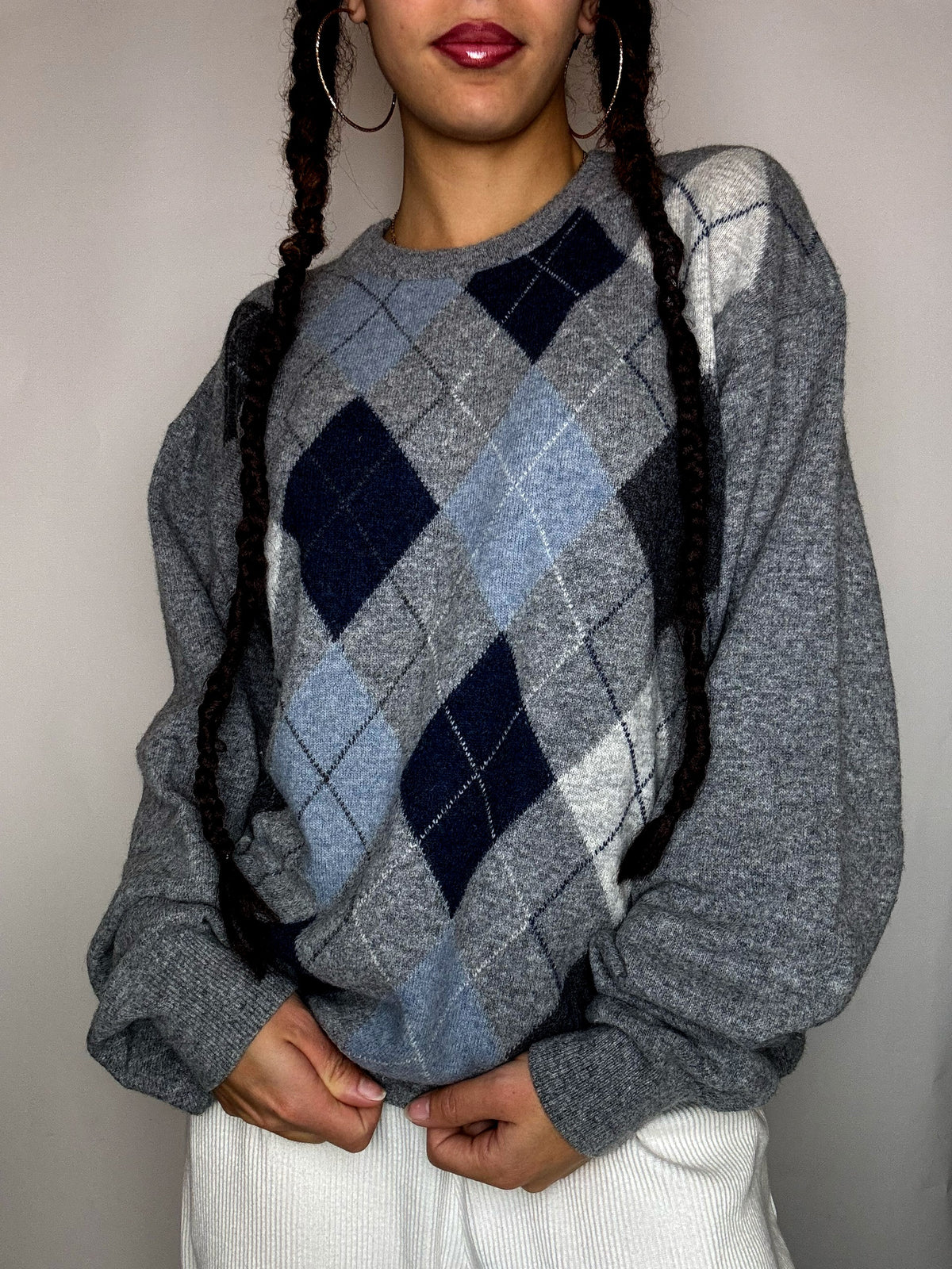 Pull col rond carreaux gris  L vintage