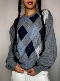 Pull col rond carreaux gris  L vintage