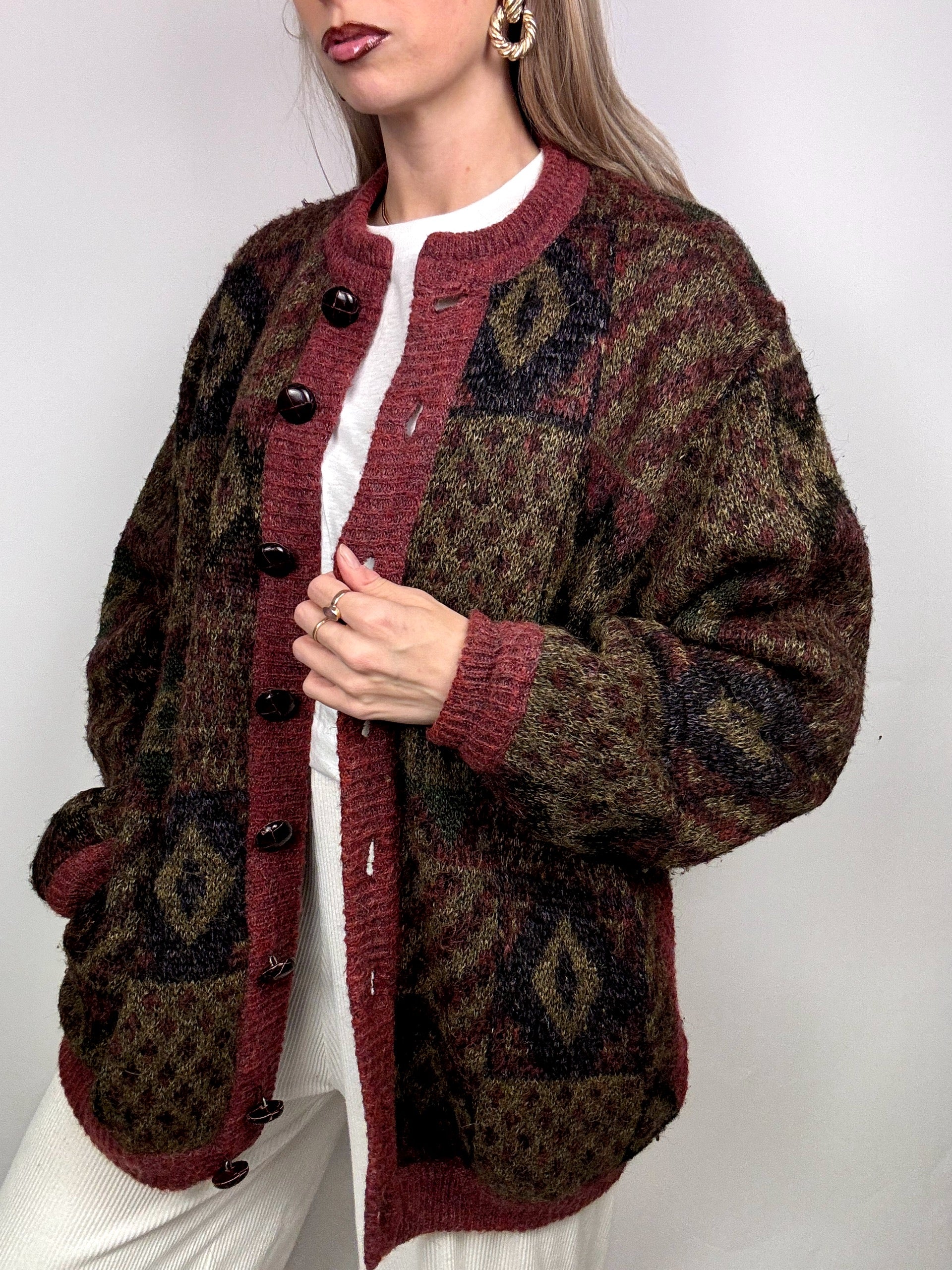 Vintage XL patterned burgundy wool bomber jacket