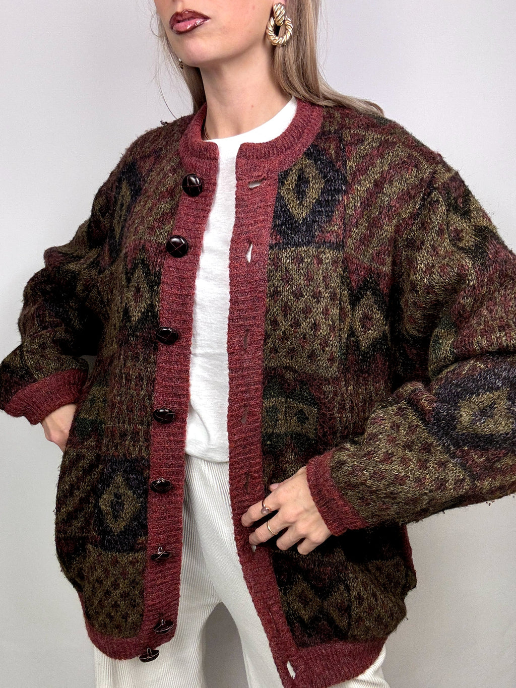 Vintage XL patterned burgundy wool bomber jacket